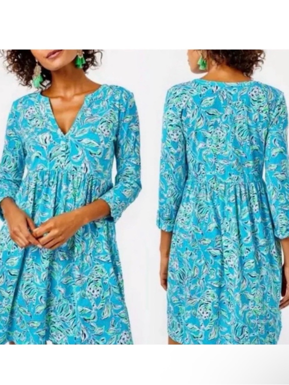NWT Lilly Pulitzer Turquoise Floral V-Neck Midi Dress with Gathered Waist M